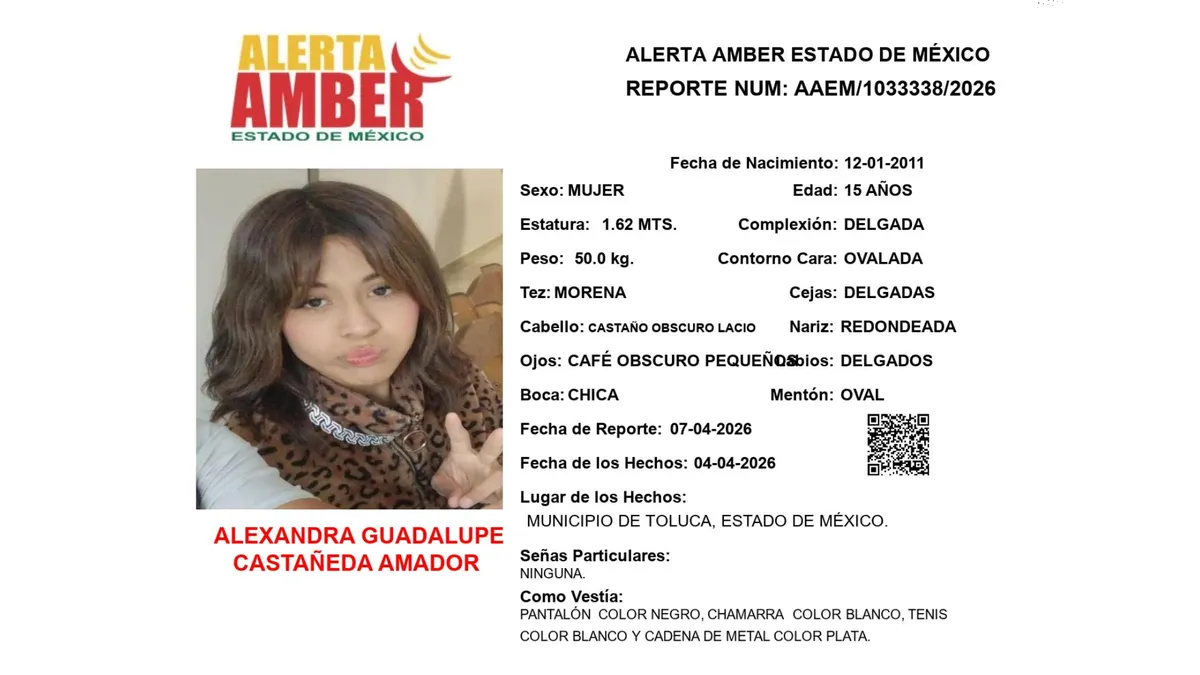 Alerta Amber: Se busca a Alexandra Guadalupe Castañeda Amador, desaparecida en Toluca