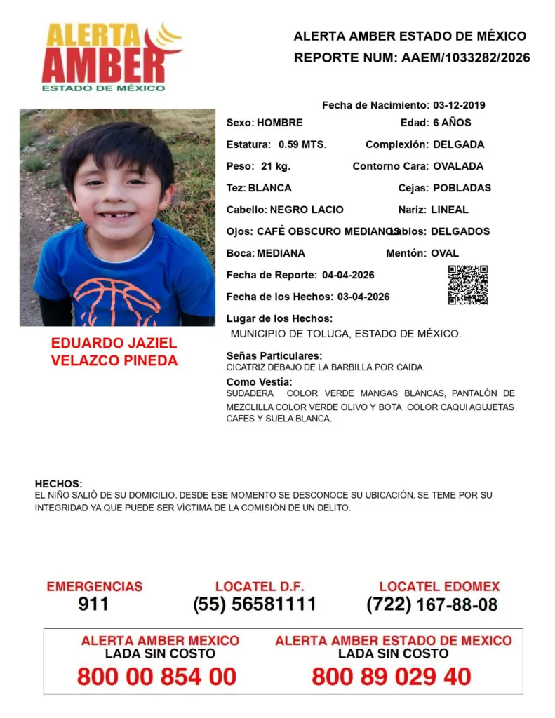 Alerta Amber en Toluca: Buscan al pequeño Eduardo Jaziel Velazco Pineda