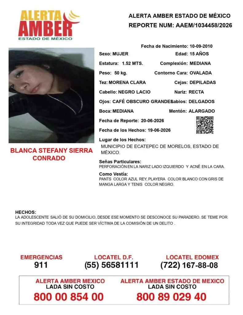Alerta Amber: Se busca a Blanca Stefany Sierra Conrado; desapareció en Ecatepec