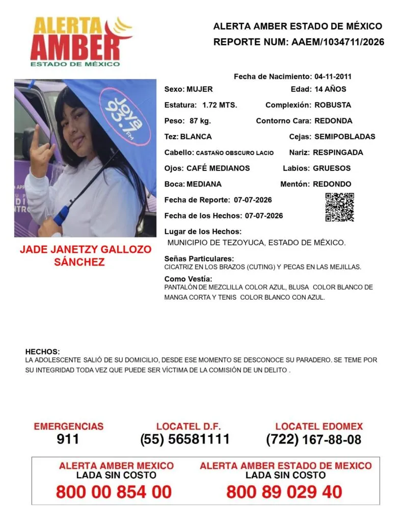 Alerta Amber: Se busca a Jade Janetzy Gallozo Sánchez, desapareció en Tezayuca