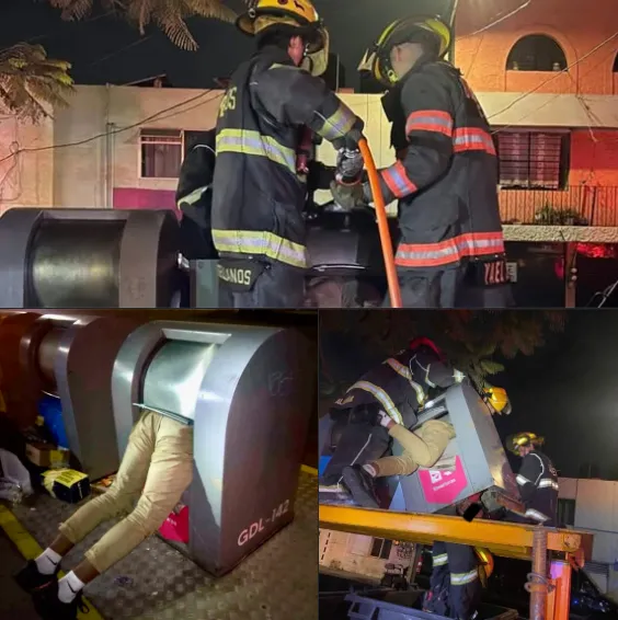 ¡México supera la IA! Rescate insólito bomberos auxilian a hombre atrapado en bote de basura
