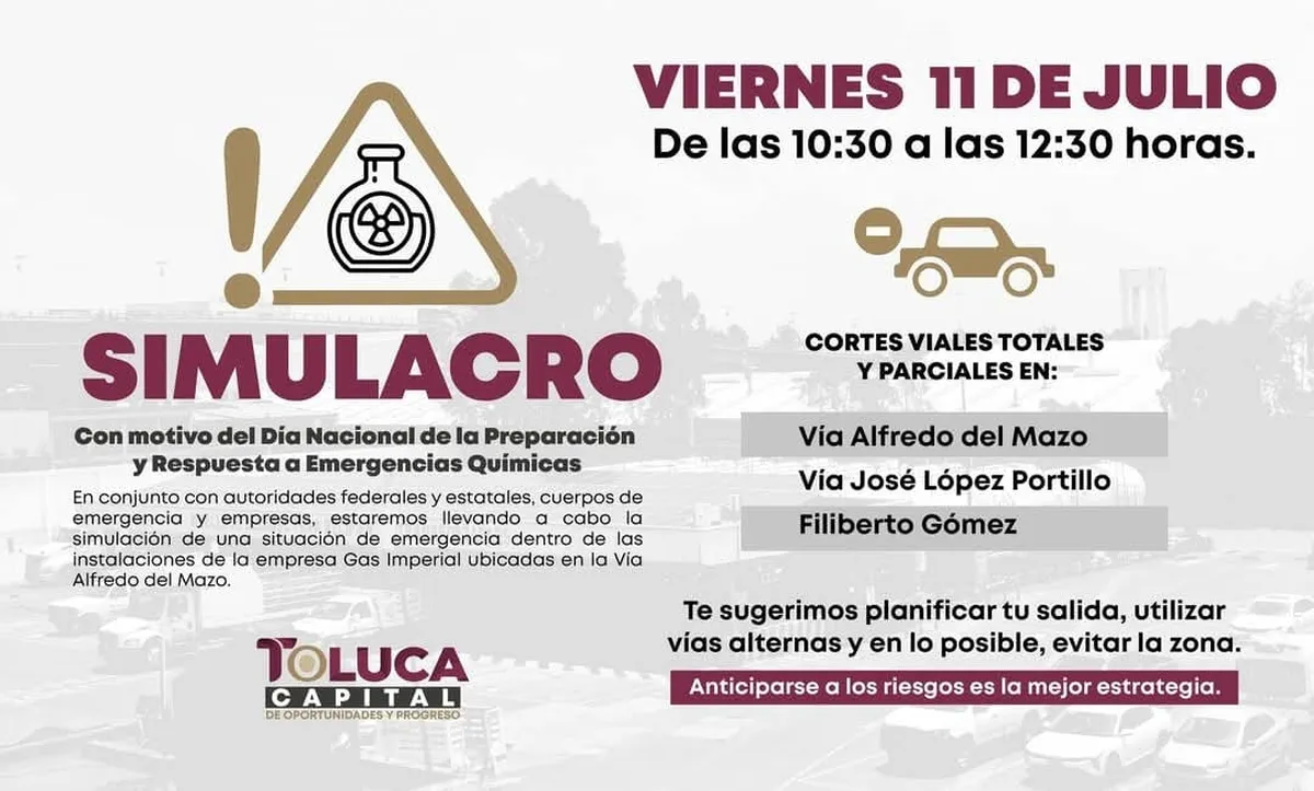 ¡Atención! Habrá simulacro de emergencia química en Toluca este viernes
