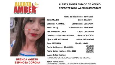 Ficha oficial de Alerta Amber para localizar urgentemente a Brenda Yaneth Espinosa Corona en el Estado de México.
