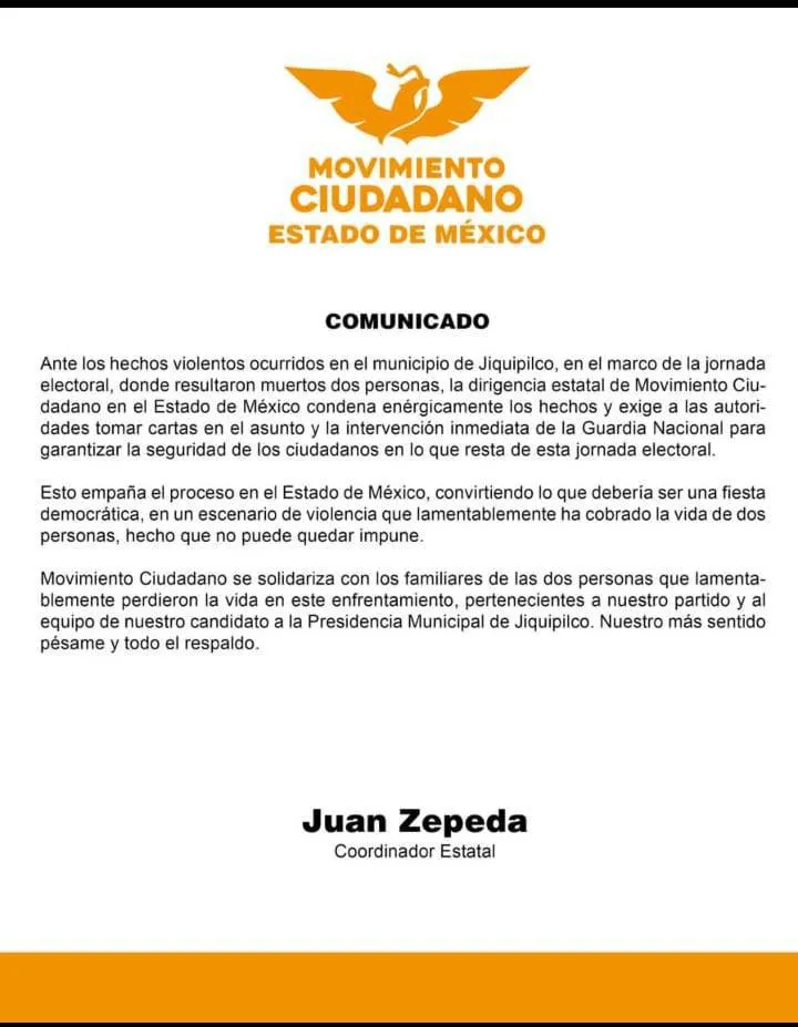 Movimiento Ciudadano condenó los hechos violentos en Jiquipilco donde dos personas murieron