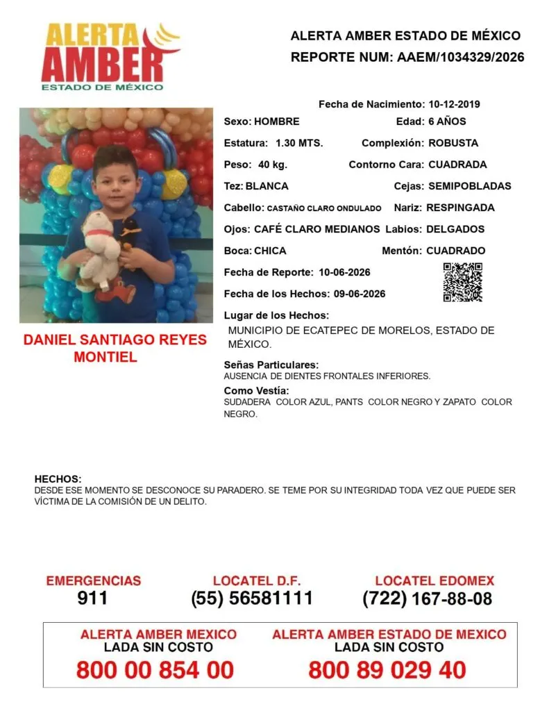 Alerta Amber: Se busca a Daniel Santiago Reyes Montiel, desapareció en Ecatepec