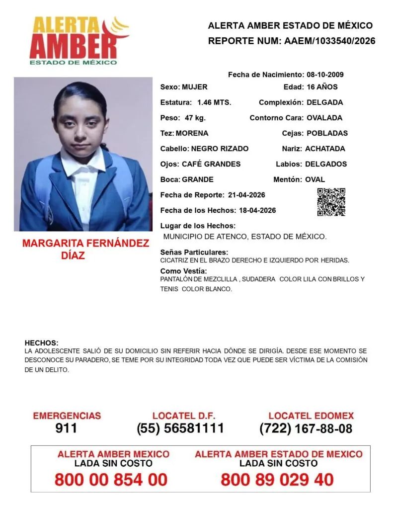 Alerta Amber: Se busca a Margarita Fernández Díaz de 16 años; desapareció en Atenco