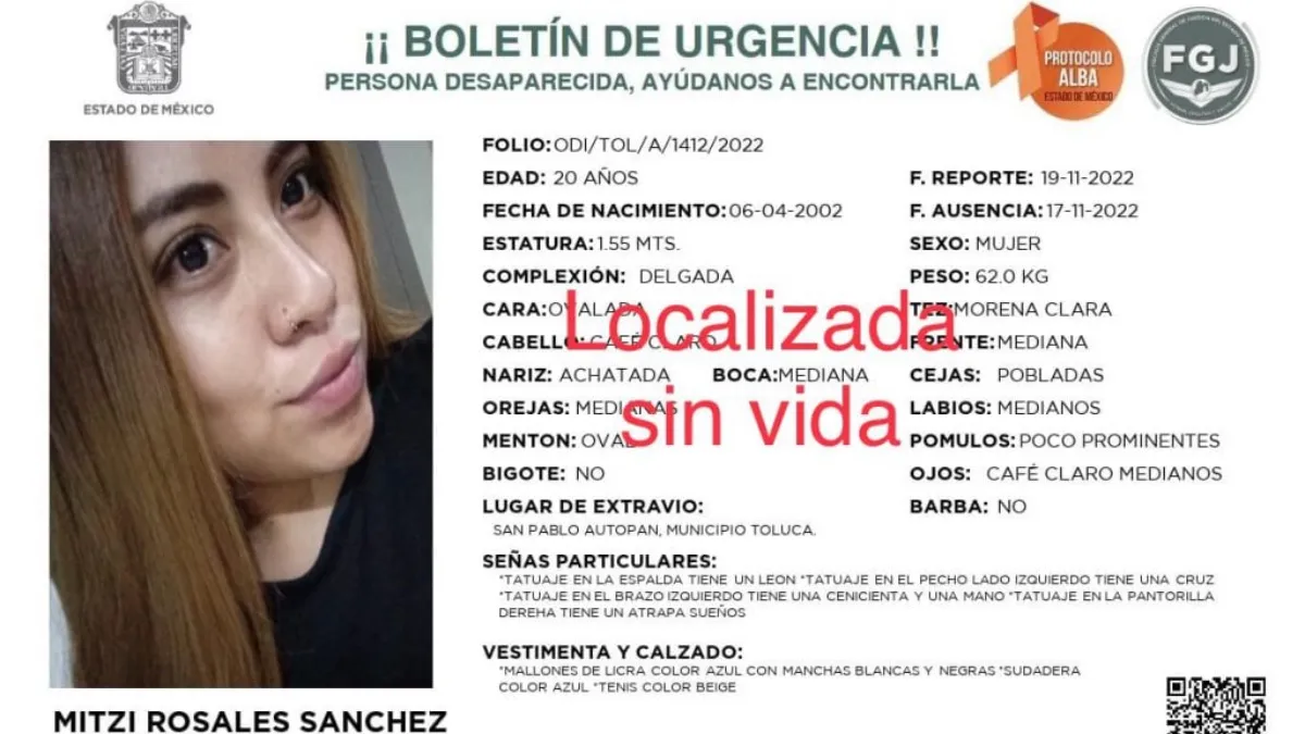 Mitzi, desaparecida en noviembre en Toluca, es localizada sin vida