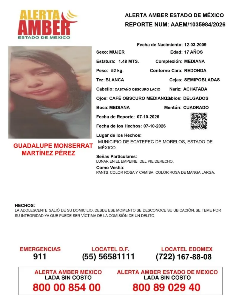 Alerta Amber: Se busca a Guadalupe Monserrat Martínez Pérez; desapareció en Ecatepec