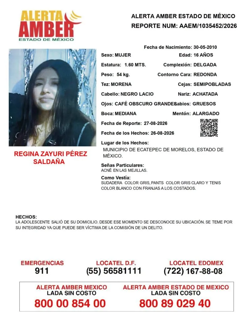 Alerta Amber: Se busca a Regina Zayuri Pérez Saldaña, desaparecida en Ecatepec