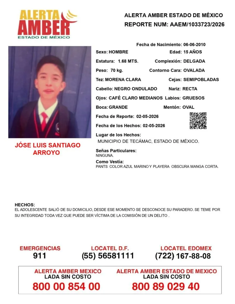Alerta Amber: Se busca a José Luis Santiago Arroyo; desapareció en Tecámac