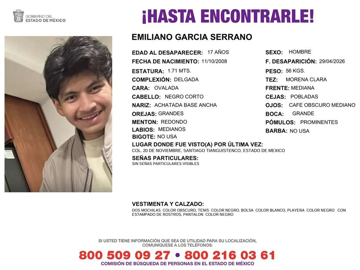 Buscan a Emiliano García Serrano, joven de 17 años desaparecido en Santiago Tianguistenco