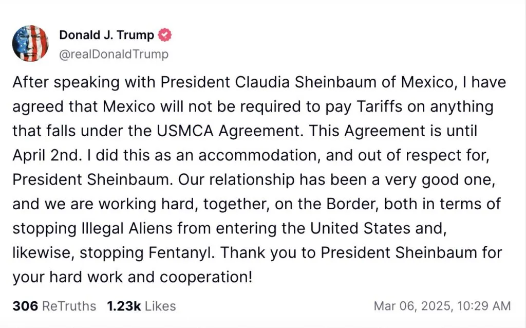 Trump confirma suspensión de aranceles en relación con el T-MEC