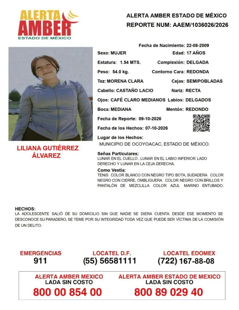 Alerta Amber: Se busca a Liliana Gutiérrez Álvarez, desapareció en Ocoyoacac
