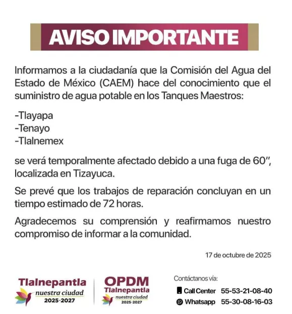 Fuga de agua afecta a miles de personas en Tlalnepantla
