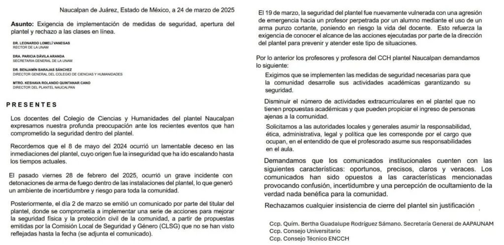 Maestros exigen medidas de seguridad en el CCH Naucalpan