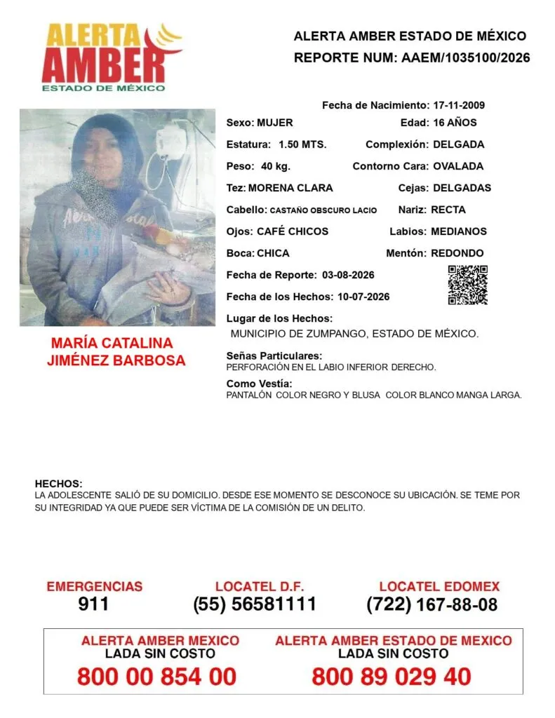 Alerta Amber: Se busca a María Catalina Jiménez Barbosa, desapareció en Zumpango