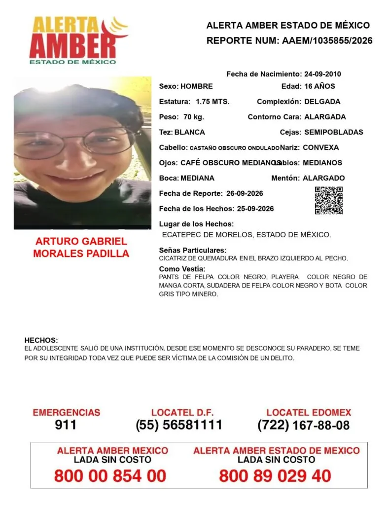 Alerta Amber: Se busca a Arturo Gabriel Morales Padilla; desapareció en Ecatepec