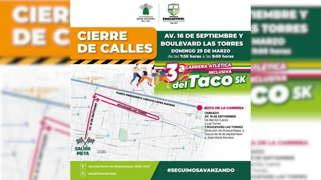 Calles de Zinacantepec cerradas por Carrera Atlética Inclusiva del Taco hoy 29 de marzo