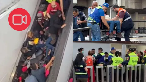 Momento en que usuarios caen en la escalera eléctrica de Línea 9, en la estación Ciudad Deportiva.