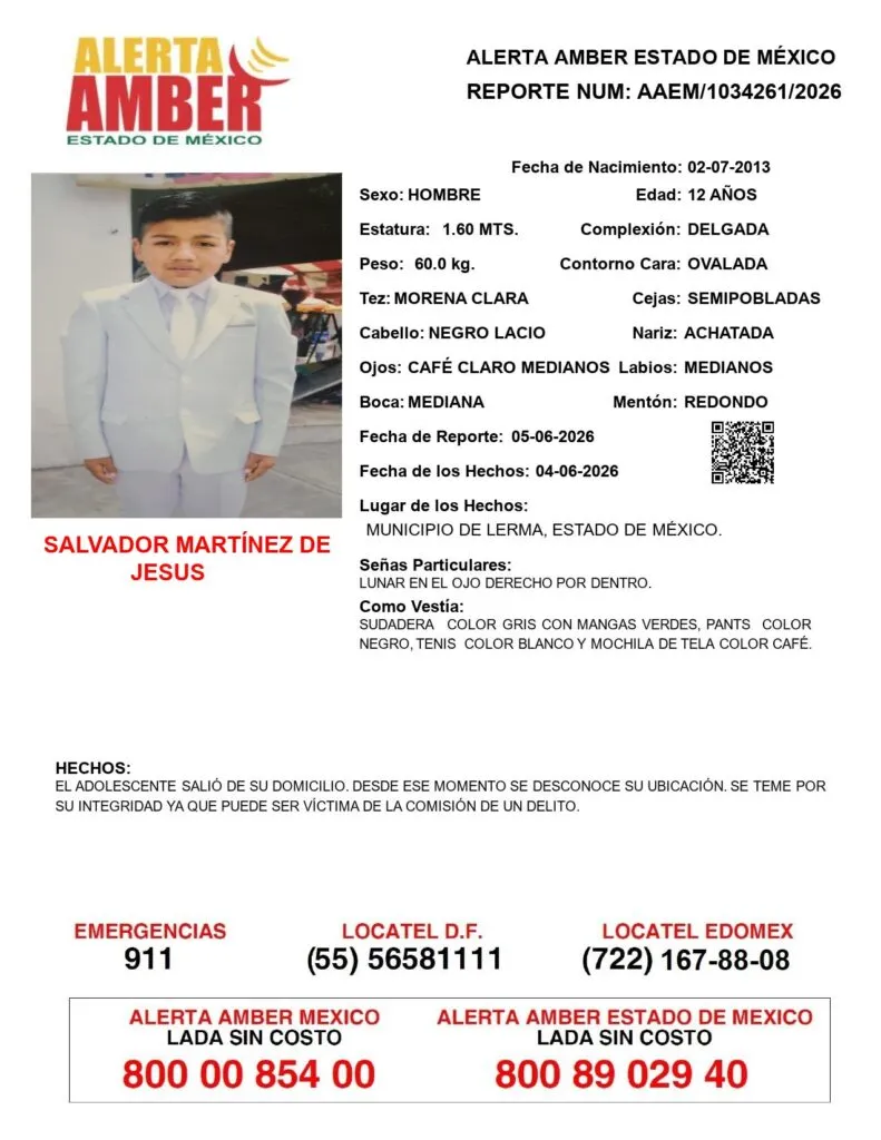 Alerta Amber: Se busca a Salvador Martínez de Jesús, desaparecido en Lerma
