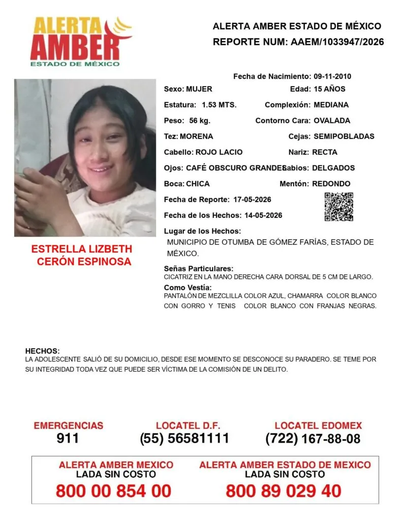 Alerta Amber: Se busca a Estrella Lizbeth Cerón Espinosa, desaparecida en Otumba