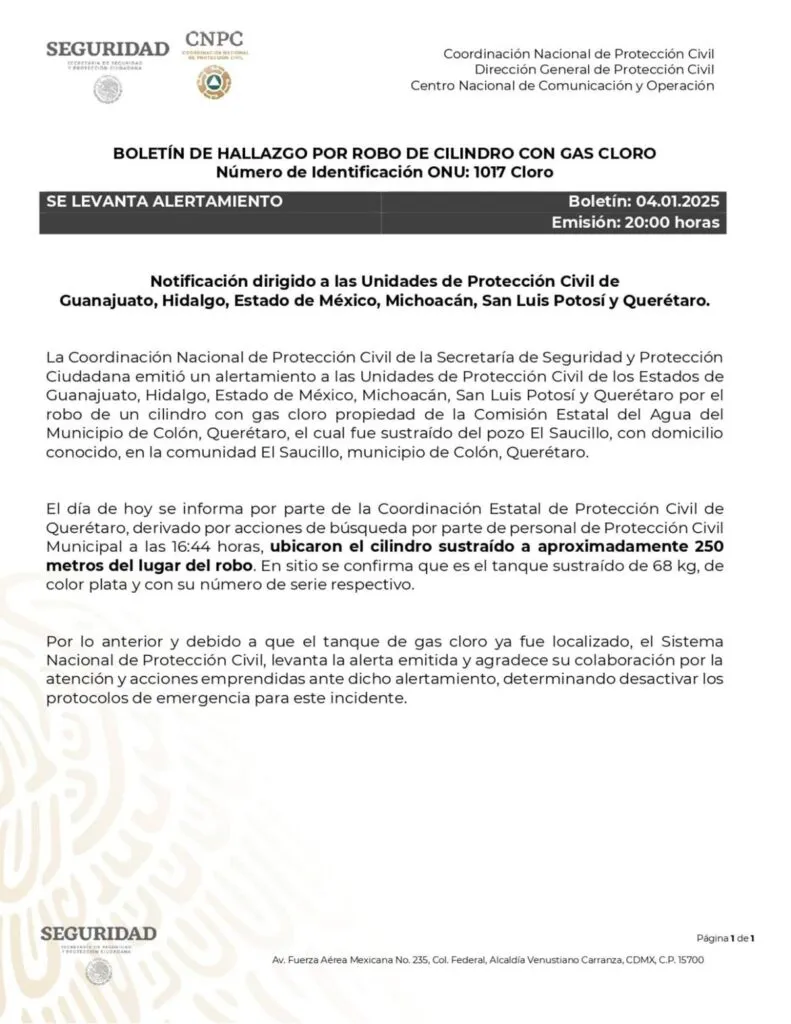 Localizan cilindro de gas cloro