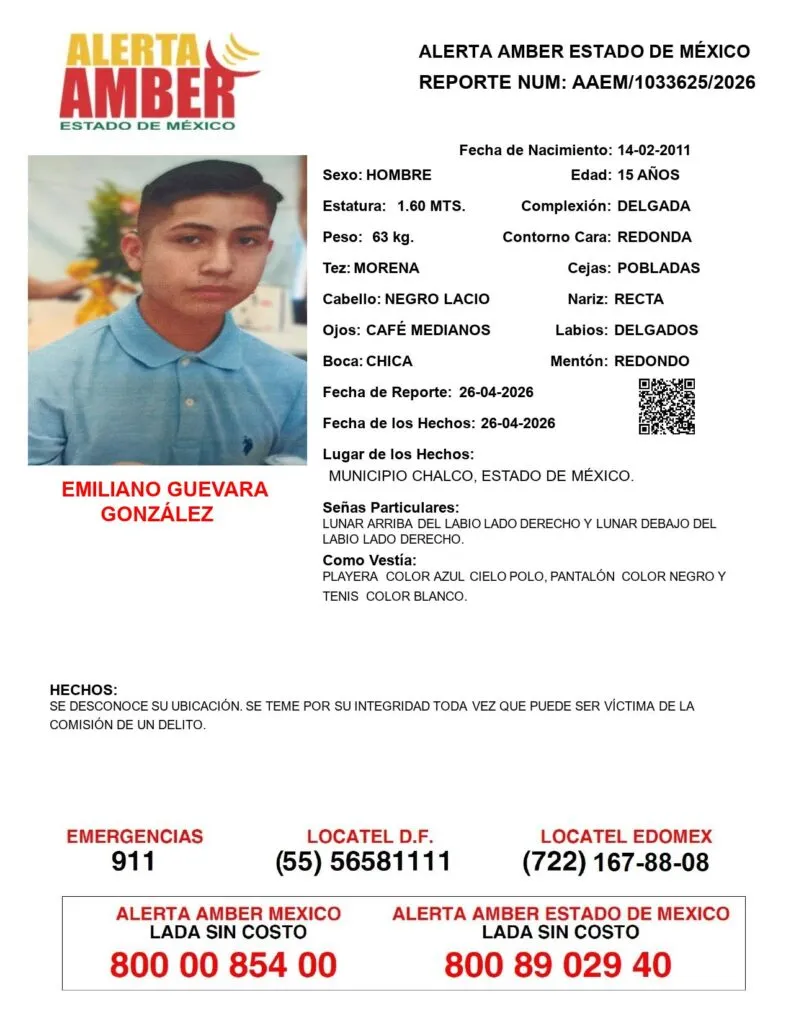 Alerta Amber: Se busca a Emiliano Guevara González, desaparecido en Chalco
