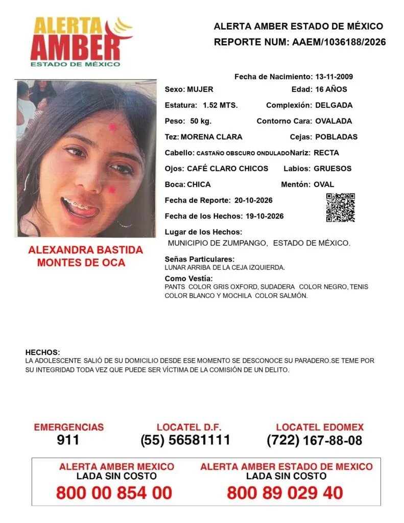 Alerta Amber: Se busca a Alexandra Bastida Montes de Oca; desapareció en Zumpango