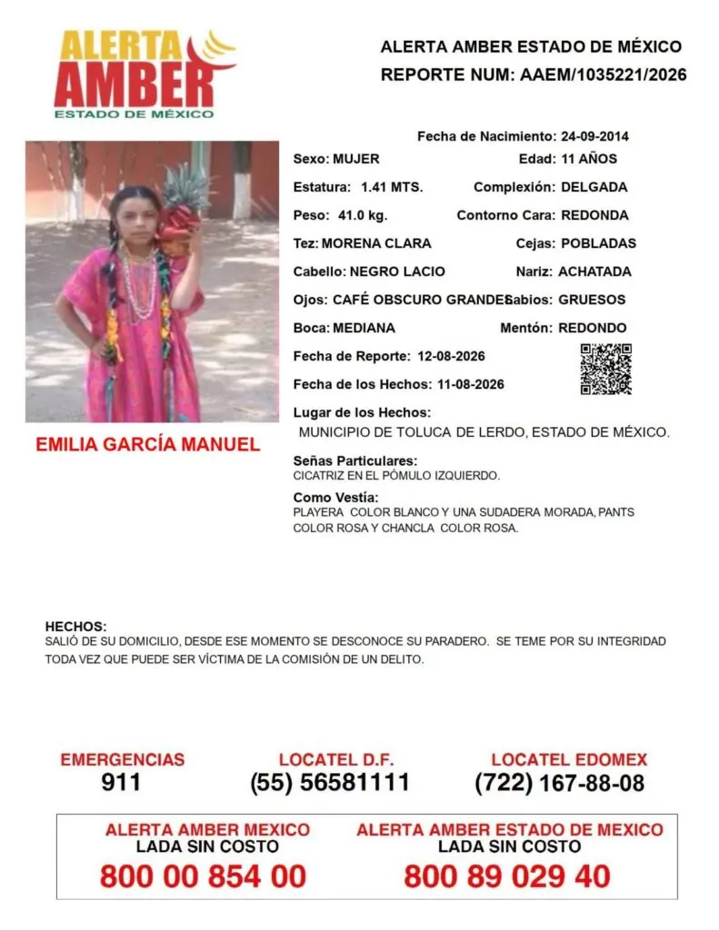 Alerta Amber: Se busca a Emilia García Manuel, desaparecida en Toluca