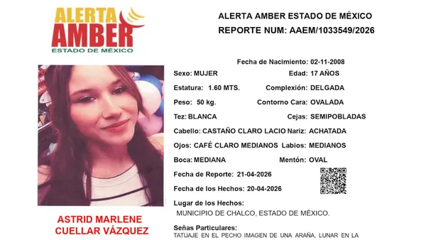 Alerta Amber emitida para localizar a Astrid Marlene Cuellar Vázquez, adolescente de 17 años desaparecida en el municipio de Chalco.