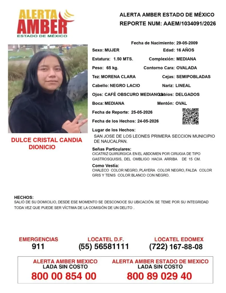 Alerta Amber: Se busca a Dulce Cristal Candia Dionicio; desapareció en Naucalpan