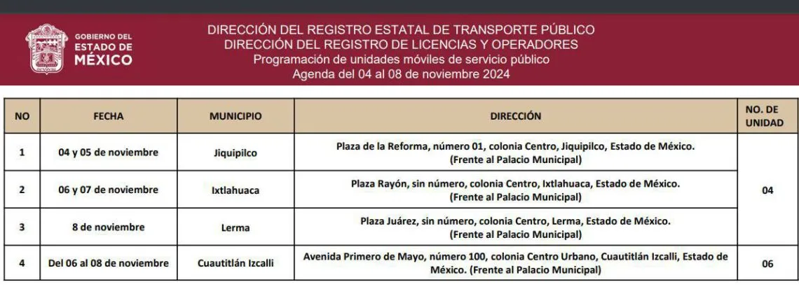 Edomex: Unidades móviles para licencia de servicio público del 06 al 08 de noviembre