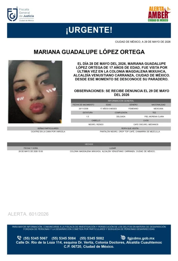 Alerta Amber: Se busca a Mariana Guadalupe López Ortega de 17 años, desapareció en CDMX