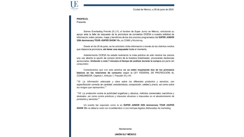 Fans de Super Junior hacen un llamado a Profeco y SM Entertainment ante abusos de OCESA