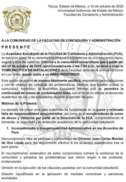 Facultad de Contaduría y Administración de la UAEMéx retoma el paro indefinido