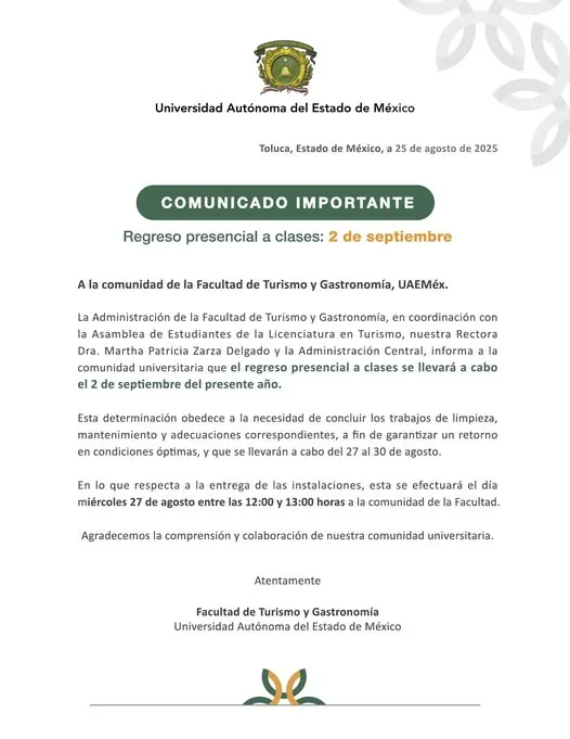 UAEMéx anuncia regreso presencial a clases en la Facultad de Turismo y Gastronomía