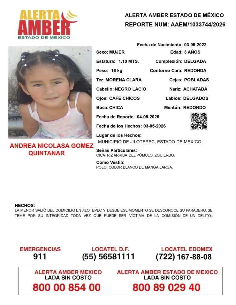 Alerta Amber: Se busca a Andrea Nicolasa Gómez Quintanar; desapareció en Jilotepec