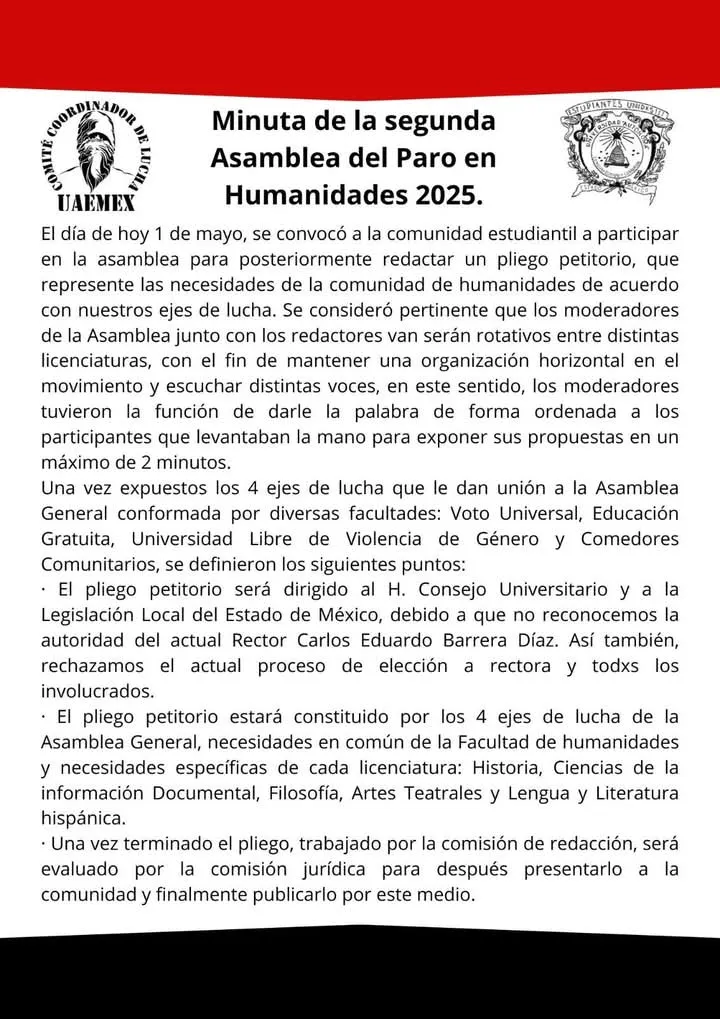 Facultad de Humanidades de la UAEMéx da a conocer peticiones para finalizar paro