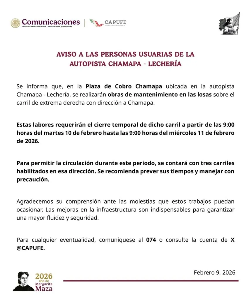 Anuncian cierre temporal de carril en la autopista Chamapa-Lechería por obras de mantenimiento