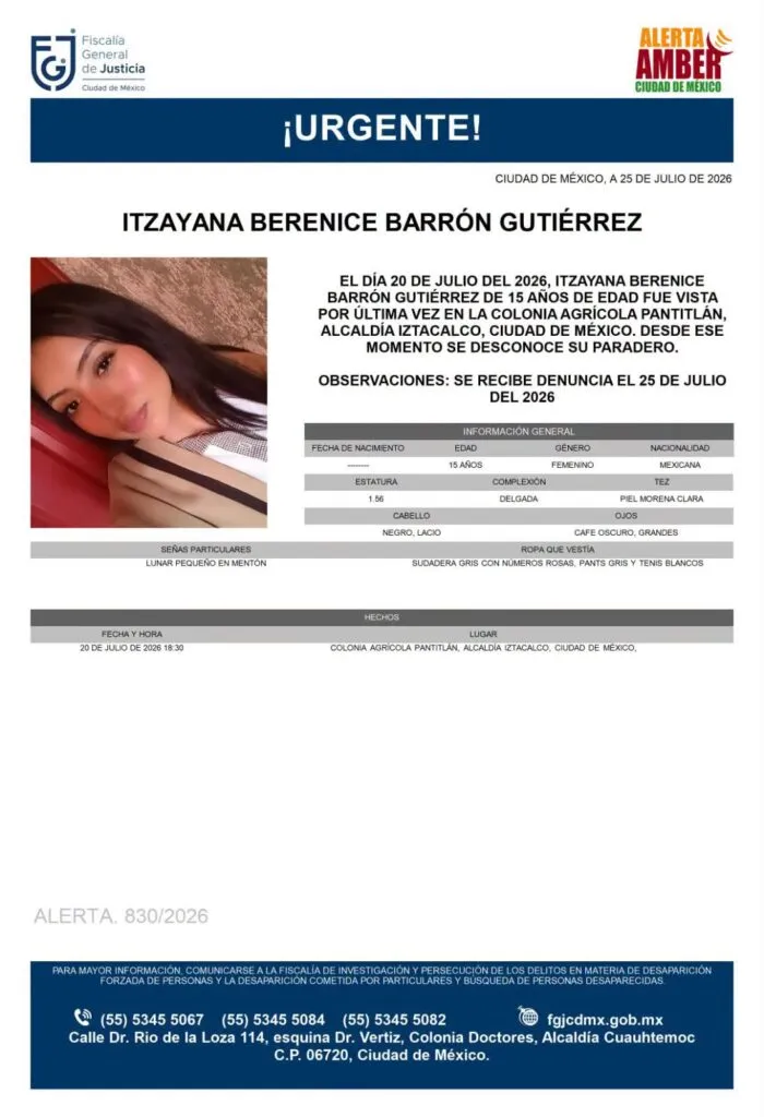 Alerta Amber: Se busca a Itzayana Berenice Barrón Gutiérrez de 15 años; desapareció en la Agrícola Pantitlán