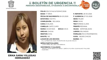 Boletín de urgencia emitido por la FGJEM bajo el Protocolo Alba para localizar a Erika Sarai Villegas Hernández, desaparecida en Valle de Chalco.