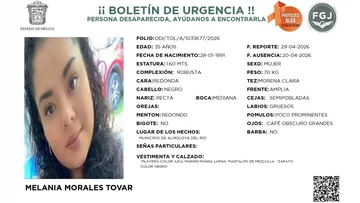 Ficha de búsqueda de Melania Morales Tovar emitida por la Fiscalía General de Justicia del Estado de México bajo el Protocolo Alba.