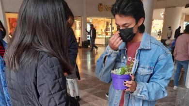 El joven vendiendo sus plantas