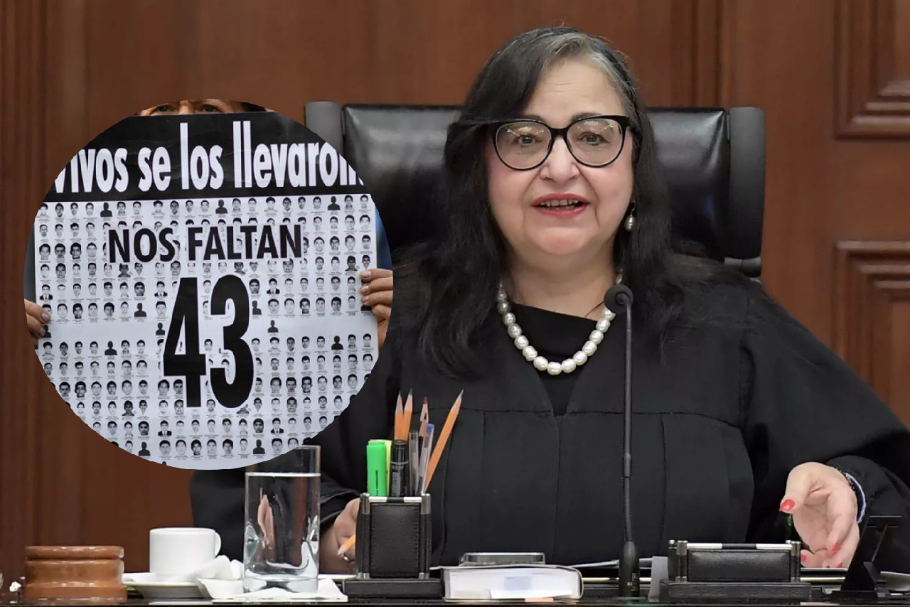 Foto de Norma Piña y una pancarta de Ayotzinapa.