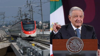 Foto del tren interurbano y AMLO