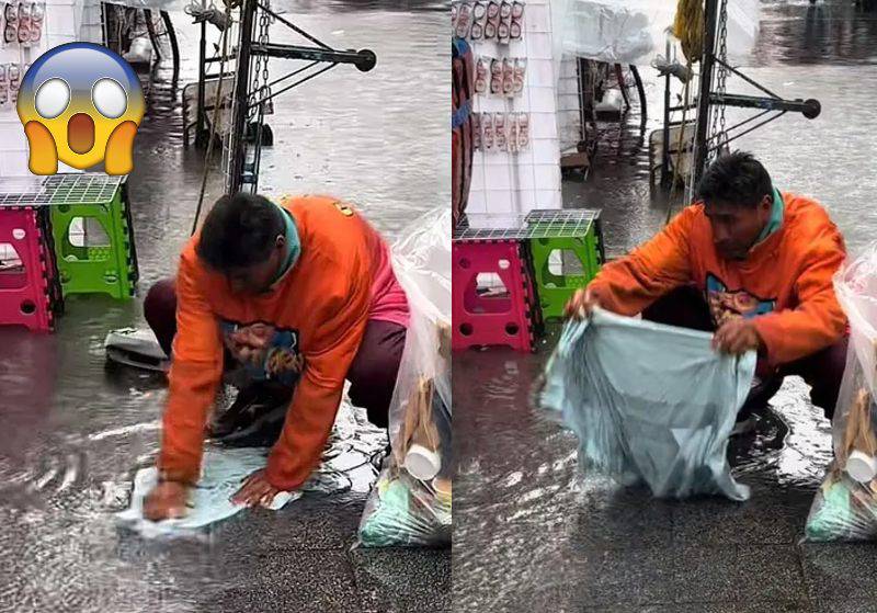 Hombre es viral por lavar ropa con agua de lluvia en calle de CDMX 